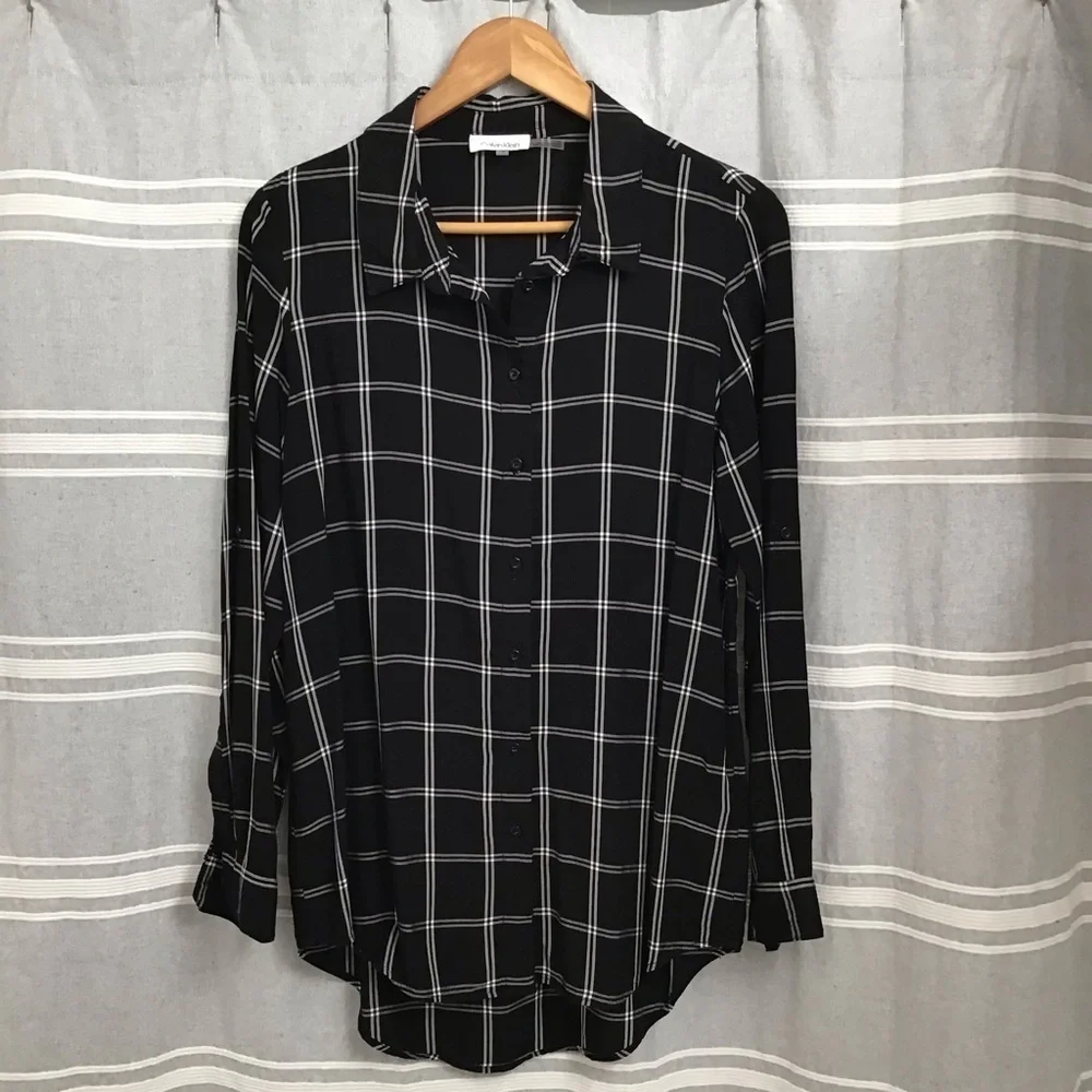 CALVIN KLEIN / Black & White Striped Long Sleeve Button Down Size XS